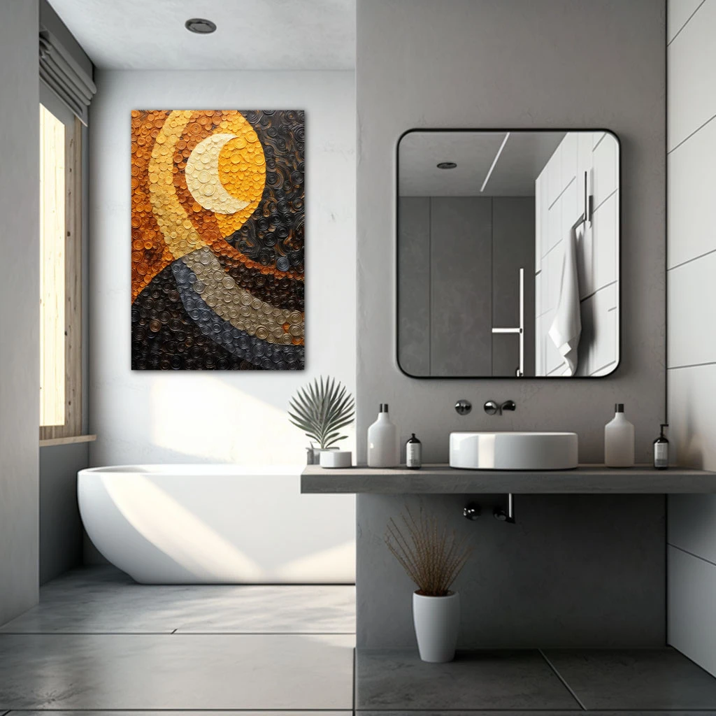 Cuadro sueños lunares en formato vertical con colores amarillo, gris, mostaza; decorando pared de baño