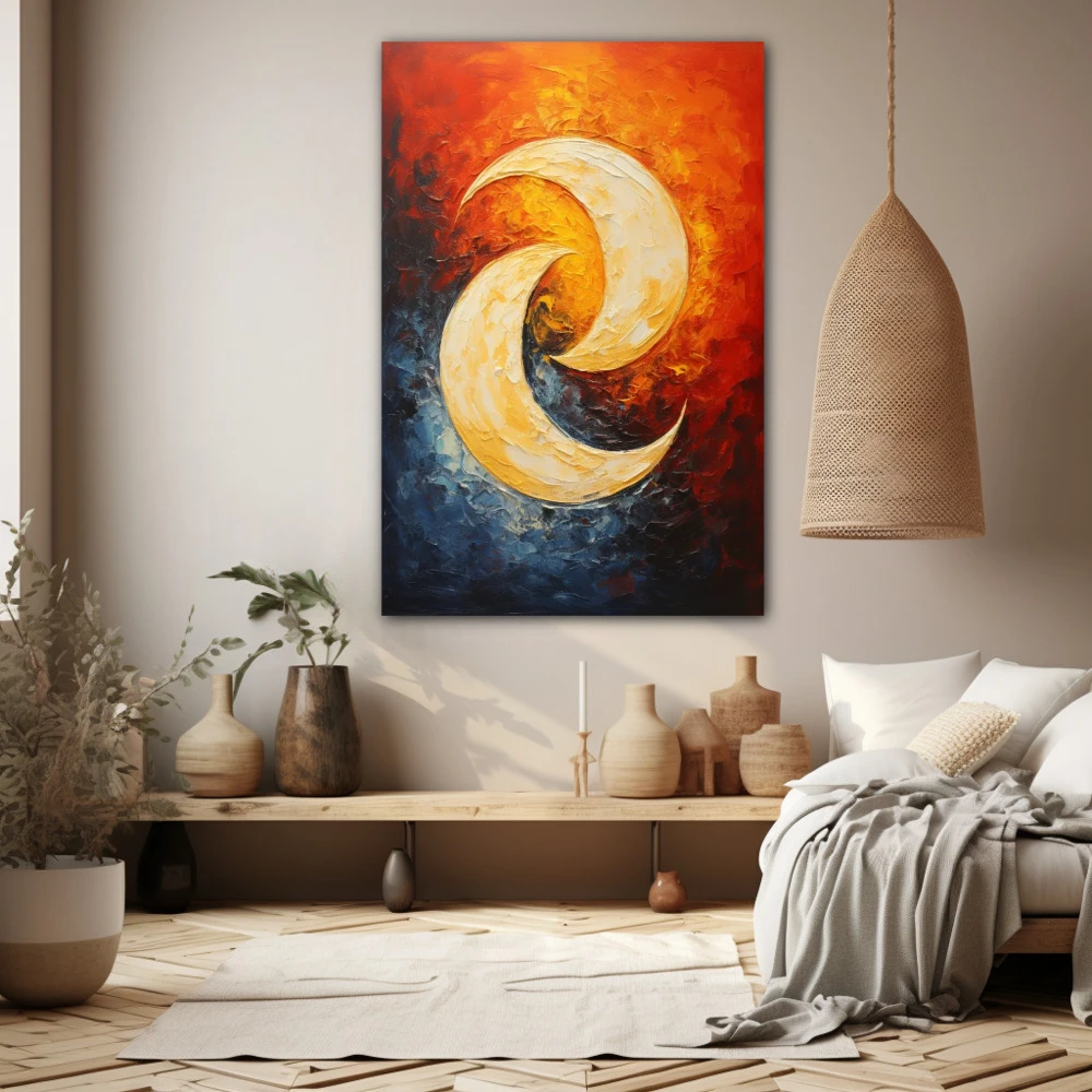 Cuadro el baile de la luna en formato vertical con colores azul, naranja, rojo; decorando pared beige