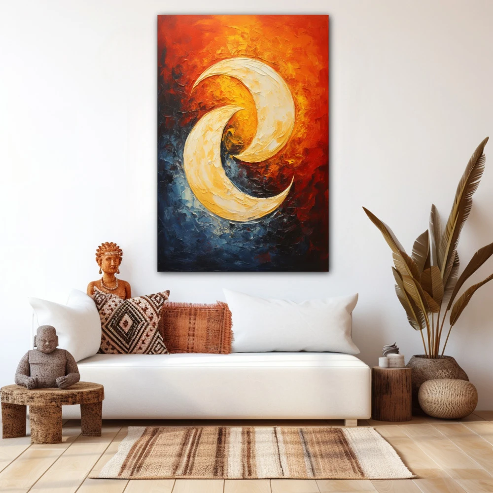 Cuadro el baile de la luna en formato vertical con colores azul, naranja, rojo; decorando pared blanca