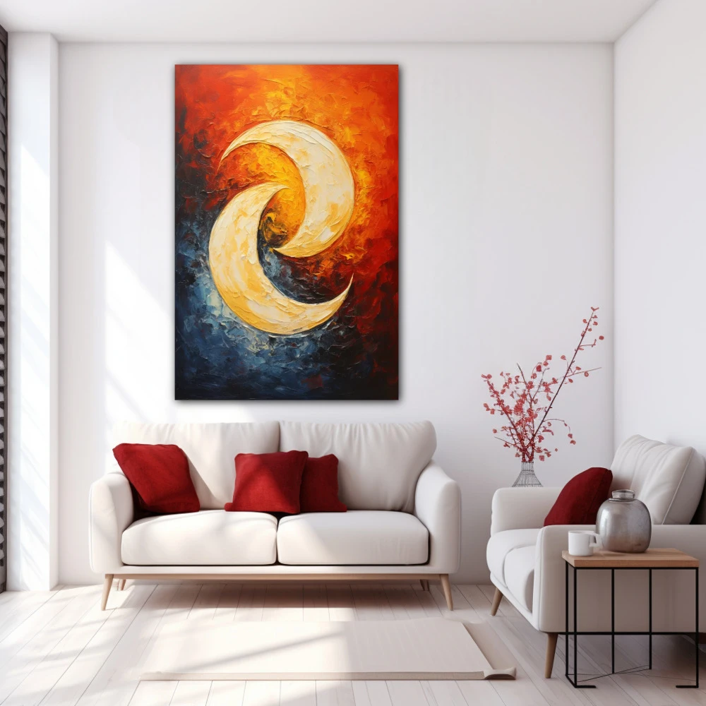 Cuadro el baile de la luna en formato vertical con colores azul, naranja, rojo; decorando pared blanca