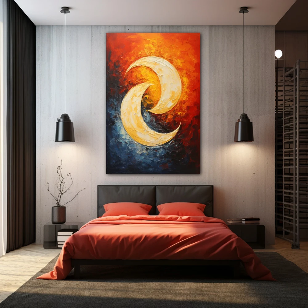 Cuadro el baile de la luna en formato vertical con colores azul, naranja, rojo; decorando pared de habitación dormitorio