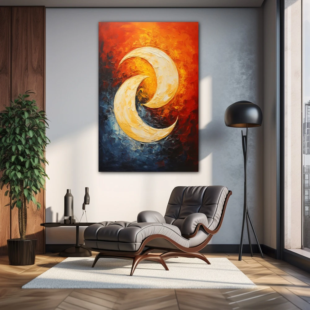 Cuadro el baile de la luna en formato vertical con colores azul, naranja, rojo; decorando pared de salón comedor