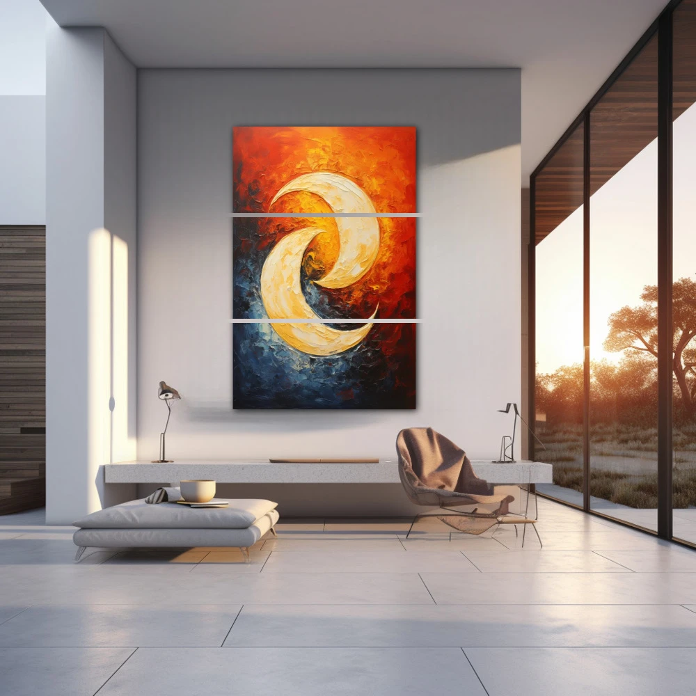 Cuadro el baile de la luna en formato tríptico con colores azul, naranja, rojo; decorando pared de salón comedor