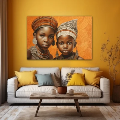 Wall Art titled: Childhood in the Savannah in a  format with: Brown, and Orange Colors; Decoration the Yellow Walls wall