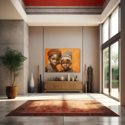 Wall Art titled: Childhood in the Savannah in a  format with: Brown, and Orange Colors; Decoration the Entryway wall