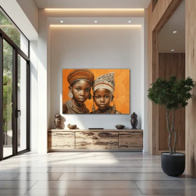 Wall Art titled: Childhood in the Savannah in a  format with: Brown, and Orange Colors; Decoration the Entryway wall