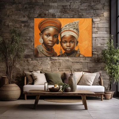 Wall Art titled: Childhood in the Savannah in a  format with: Brown, and Orange Colors; Decoration the Stone Walls wall