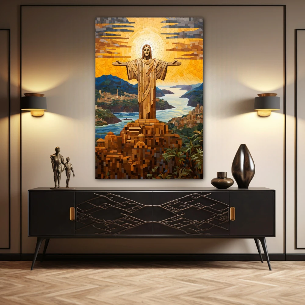 Wall Art titled: Peace Over Rio in a Vertical format with: Yellow, Blue, and Brown Colors; Decoration the Sideboard wall