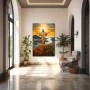 Wall Art titled: Peace Over Rio in a Vertical format with: Yellow, Blue, and Brown Colors; Decoration the Entryway wall