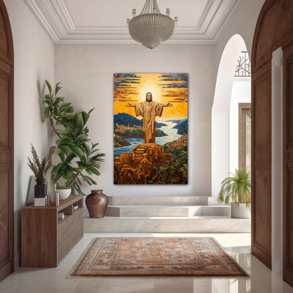 Wall Art titled: Peace Over Rio in a Vertical format with: Yellow, Blue, and Brown Colors; Decoration the Entryway wall