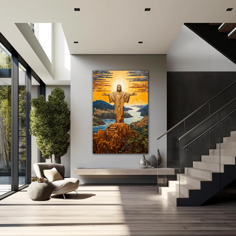 Wall Art titled: Peace Over Rio in a Vertical format with: Yellow, Blue, and Brown Colors; Decoration the Staircase wall