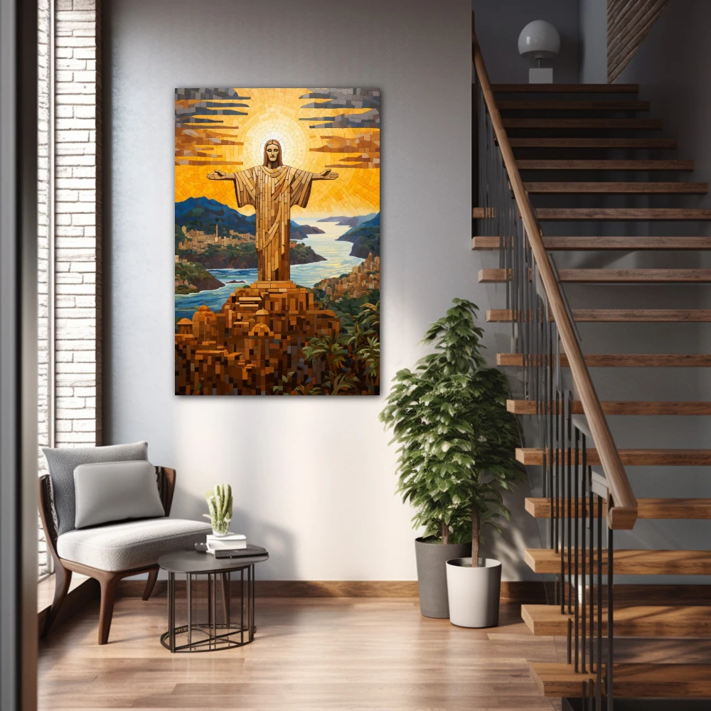 Wall Art titled: Peace Over Rio in a Vertical format with: Yellow, Blue, and Brown Colors; Decoration the Staircase wall