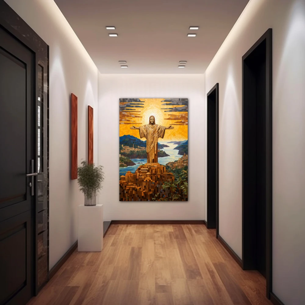 Wall Art titled: Peace Over Rio in a Vertical format with: Yellow, Blue, and Brown Colors; Decoration the Hallway wall