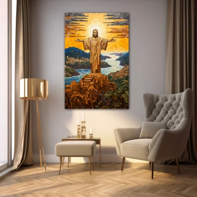 Cuadro paz sobre río en formato vertical con colores amarillo, azul, marrón; decorando pared de salón comedor