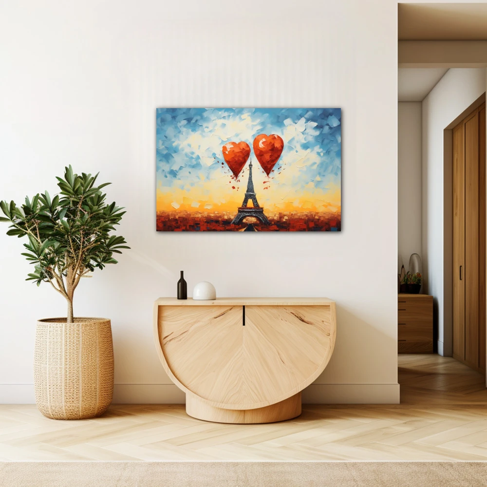 Cuadro la ciudad del amor en formato horizontal con colores azul, naranja, rojo; decorando pared beige
