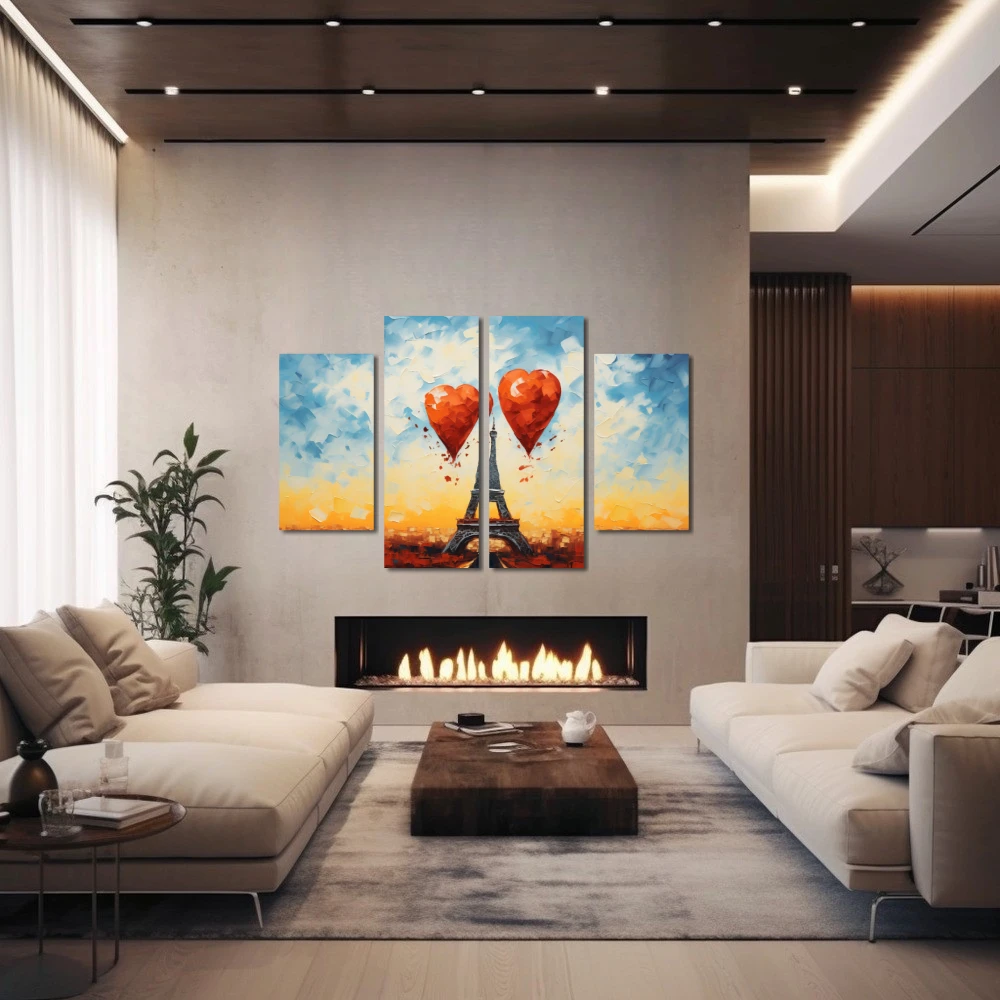 Cuadro la ciudad del amor en formato políptico con colores azul, naranja, rojo; decorando pared de chimenea