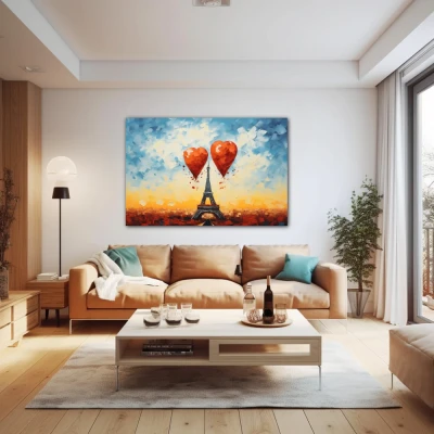 Wall Art titled: The City of Love in a Horizontal format with: Blue, Orange, and Red Colors; Decoration the Above Couch wall