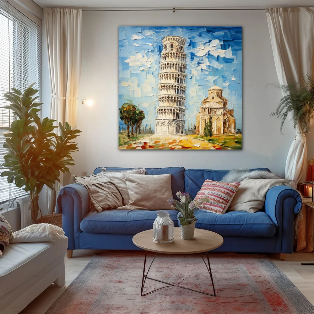 Cuadro pisa: donde las emociones se inclinan en formato cuadrado con colores azul, blanco, beige; decorando pared de apartamento en la playa