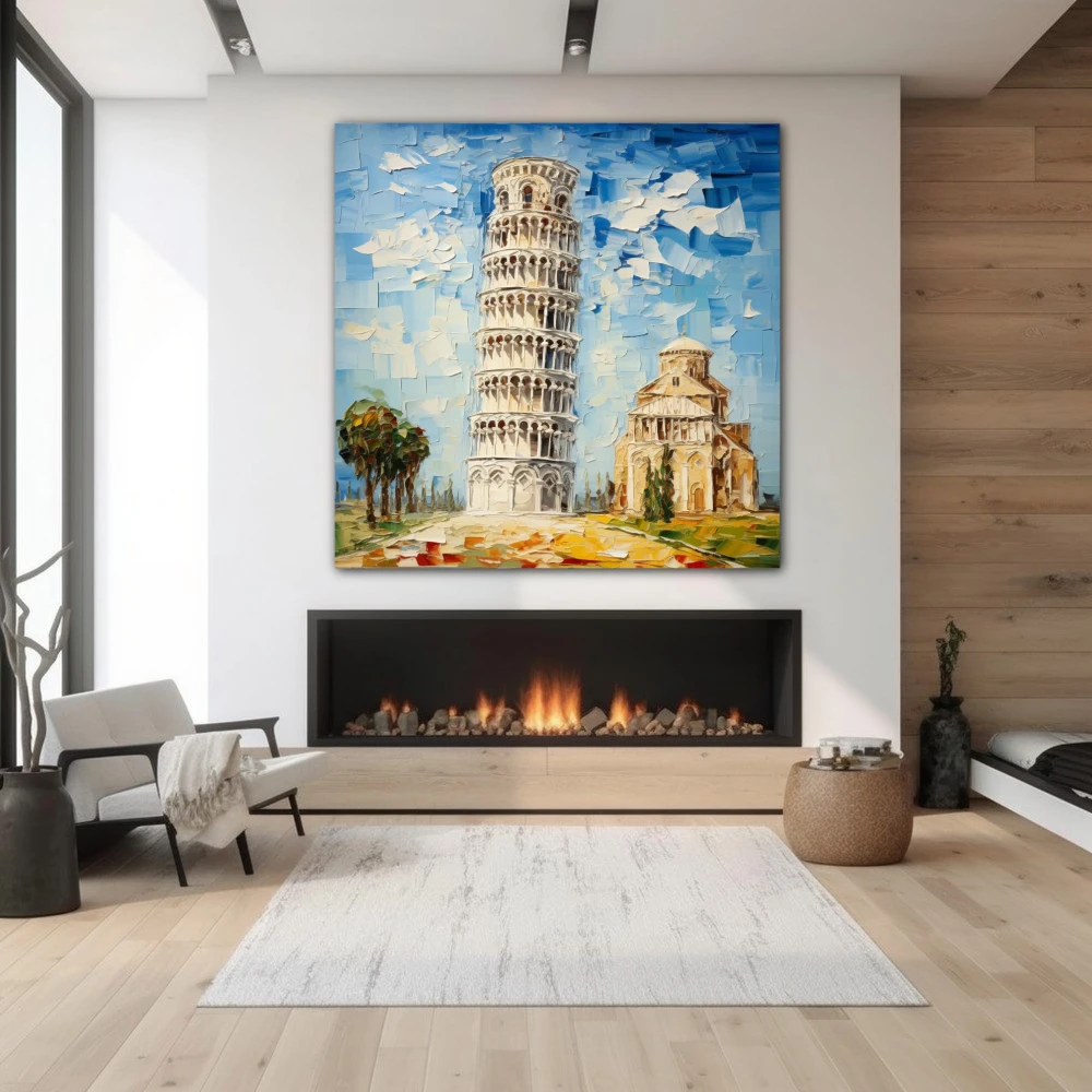 Cuadro pisa: donde las emociones se inclinan en formato cuadrado con colores azul, blanco, beige; decorando pared de chimenea