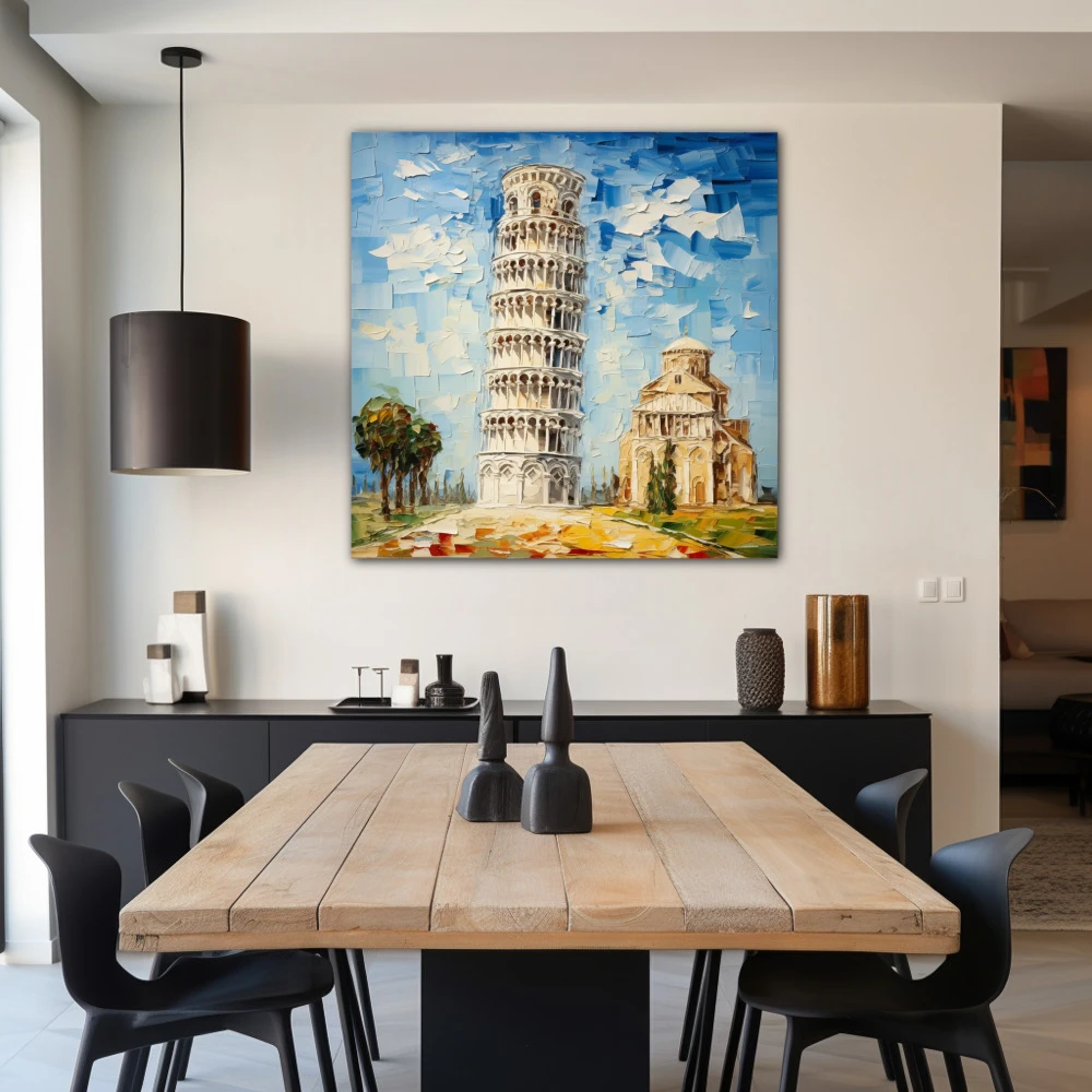 Cuadro pisa: donde las emociones se inclinan en formato cuadrado con colores azul, blanco, beige; decorando pared de salón comedor