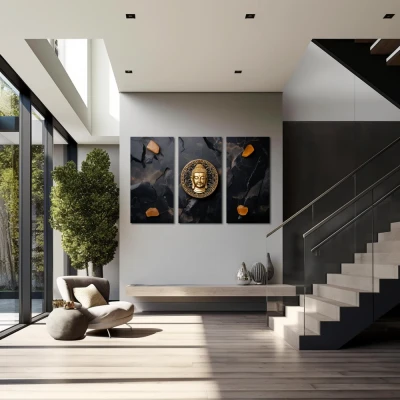 Wall Art titled: The Center of Emotional Balance in a  format with: Golden, and Black Colors; Decoration the Staircase wall