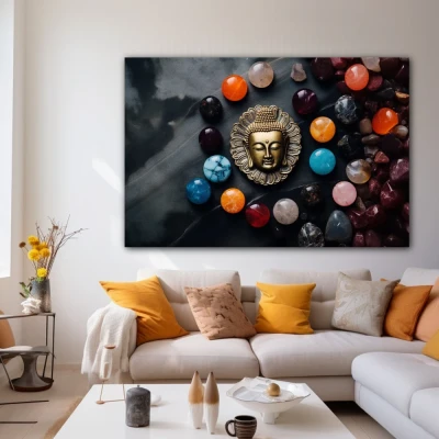 Cuadro joyas del despertar en formato horizontal con colores dorado, naranja, negro; decorando pared blanca