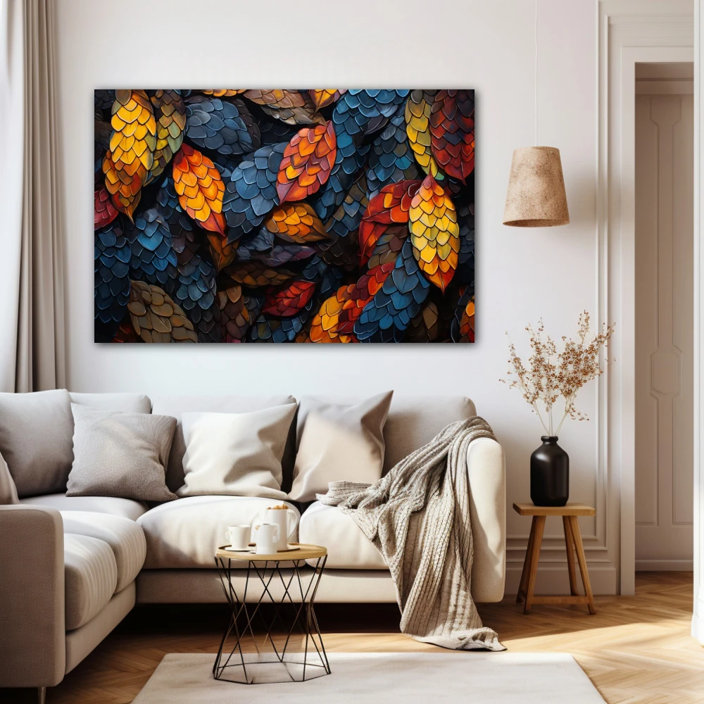 Cuadro melodía de colores caídos en formato horizontal con colores amarillo, azul, naranja; decorando pared beige