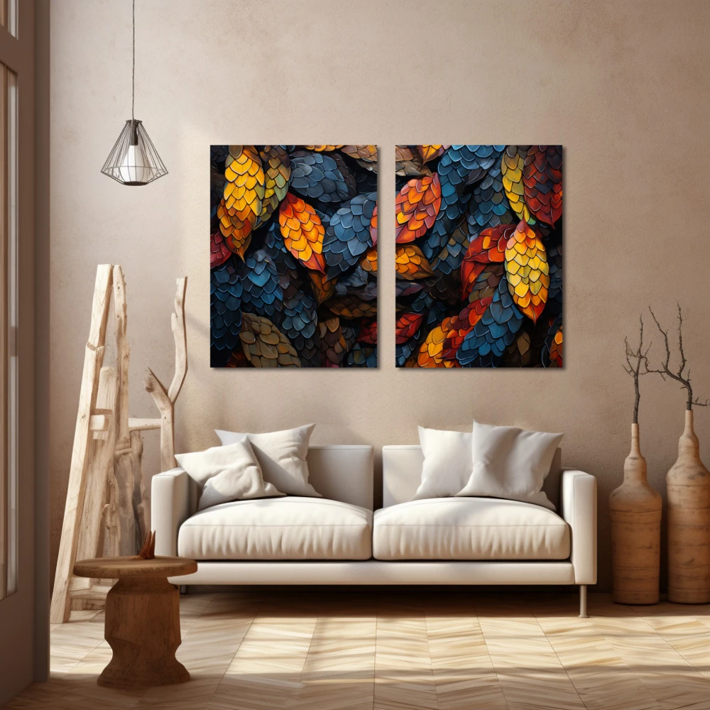 Wall Art titled: Melody of Fallen Colors in a Horizontal format with: Yellow, Blue, and Orange Colors; Decoration the Beige Wall wall