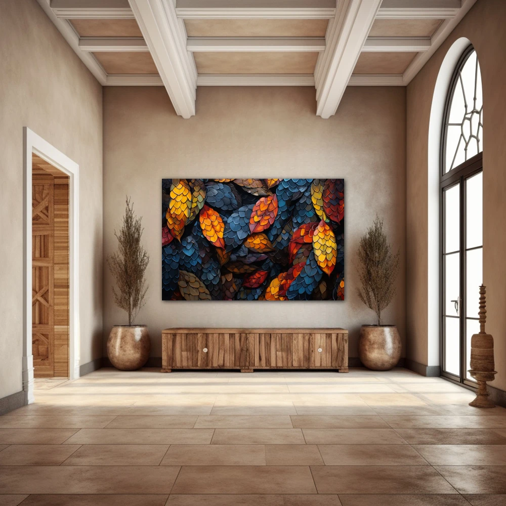 Wall Art titled: Melody of Fallen Colors in a Horizontal format with: Yellow, Blue, and Orange Colors; Decoration the Entryway wall