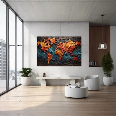 Cuadro explorar es descubrir lo desconocido en formato horizontal con colores azul, mostaza, naranja; decorando pared de inmobiliaria