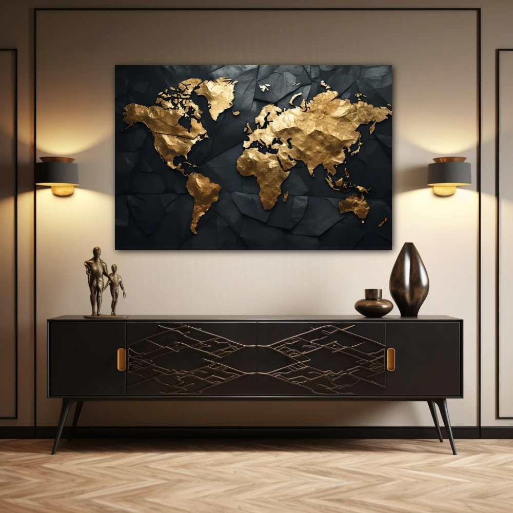 Wall Art titled: Traveling is My Greatest Luxury in a Horizontal format with: Golden, and Black Colors; Decoration the Sideboard wall