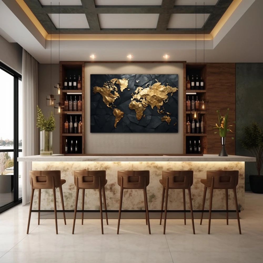 Wall Art titled: Traveling is My Greatest Luxury in a Horizontal format with: Golden, and Black Colors; Decoration the Bar wall