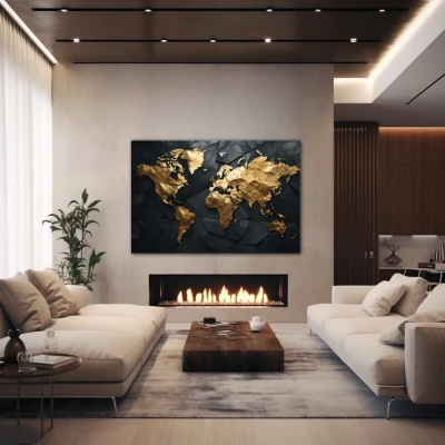 Wall Art titled: Traveling is My Greatest Luxury in a Horizontal format with: Golden, and Black Colors; Decoration the Fireplace wall