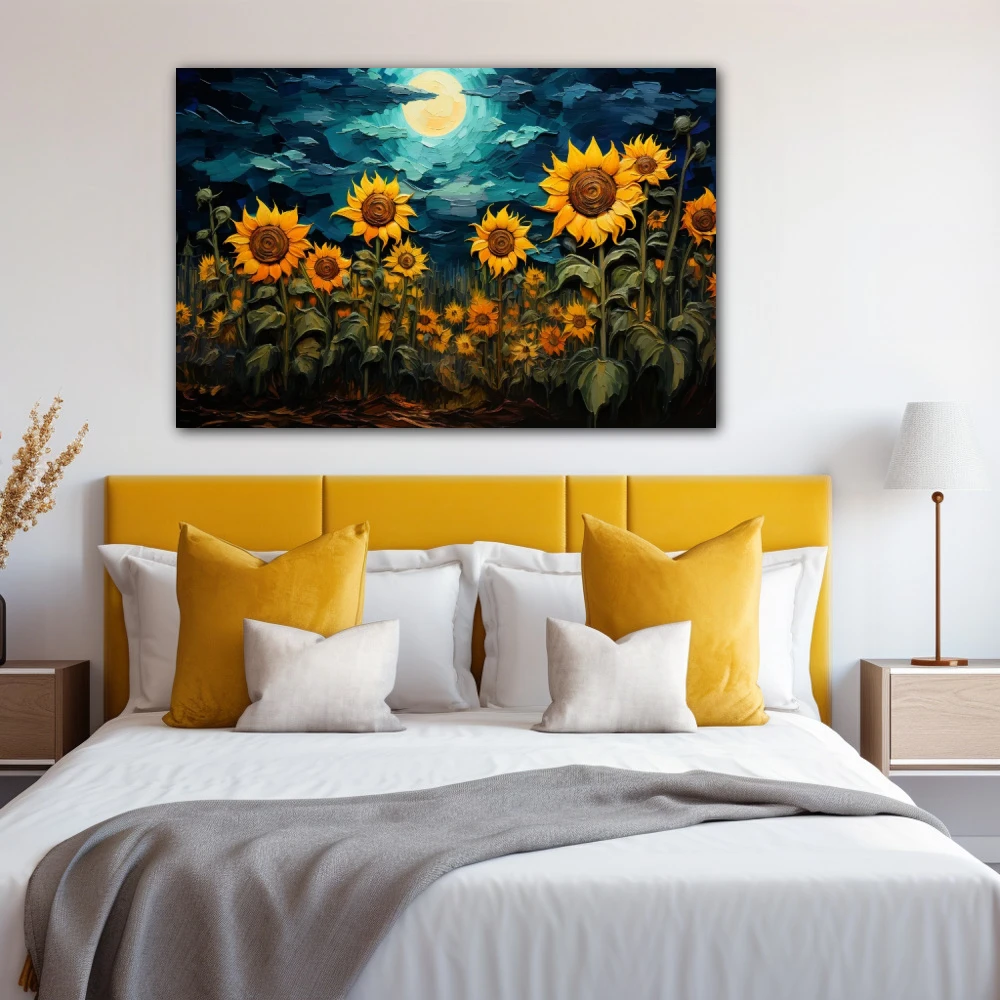 Cuadro noche de girasoles en formato horizontal con colores amarillo, azul, verde; decorando pared de habitación dormitorio