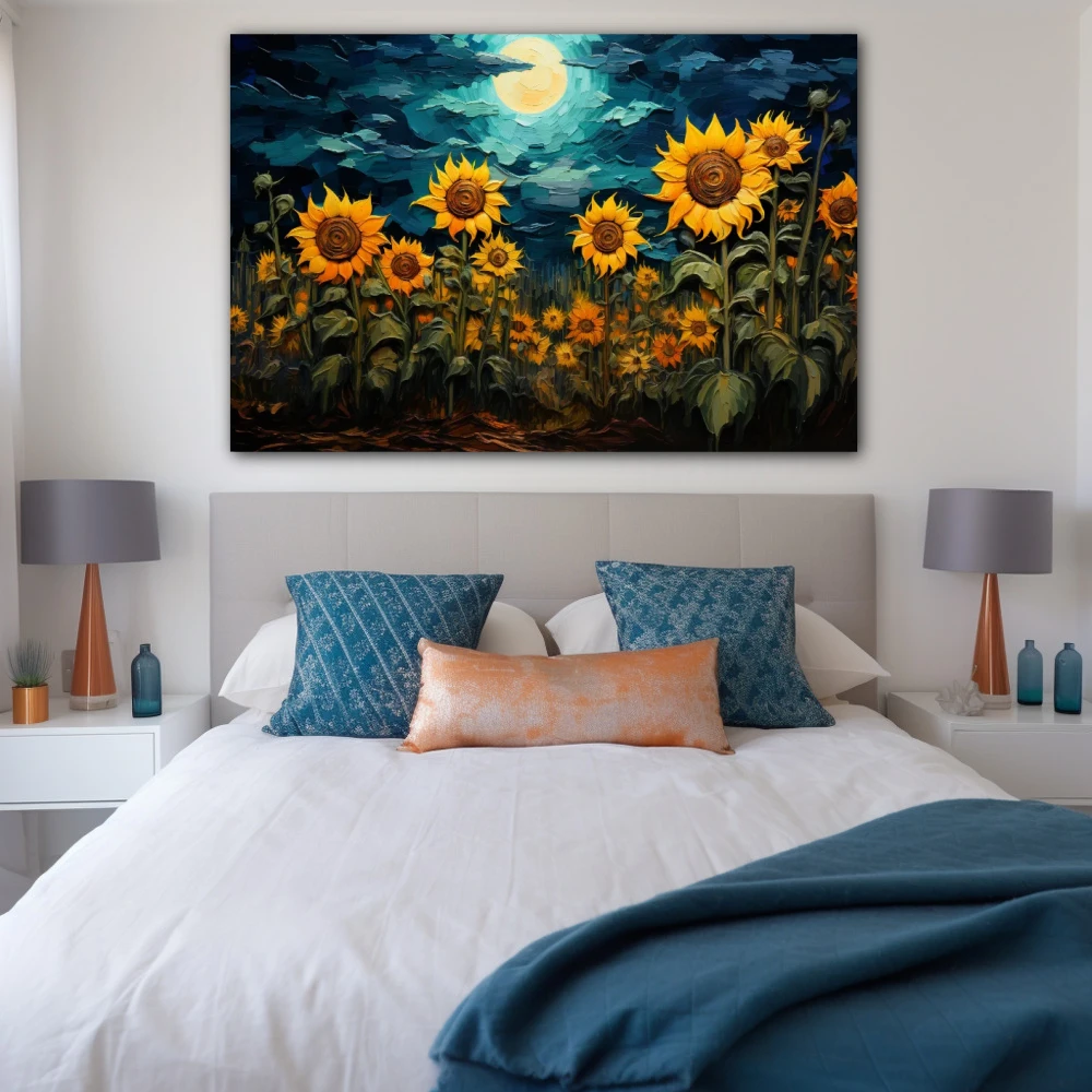 Cuadro noche de girasoles en formato horizontal con colores amarillo, azul, verde; decorando pared de habitación dormitorio