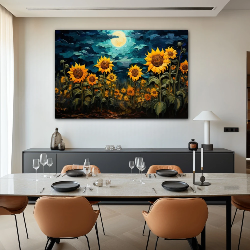 Cuadro noche de girasoles en formato horizontal con colores amarillo, azul, verde; decorando pared de salón comedor