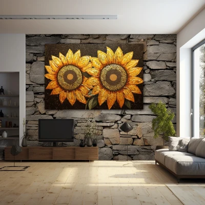 Cuadro luz y vida en formato horizontal con colores amarillo, marrón, naranja; decorando pared piedra