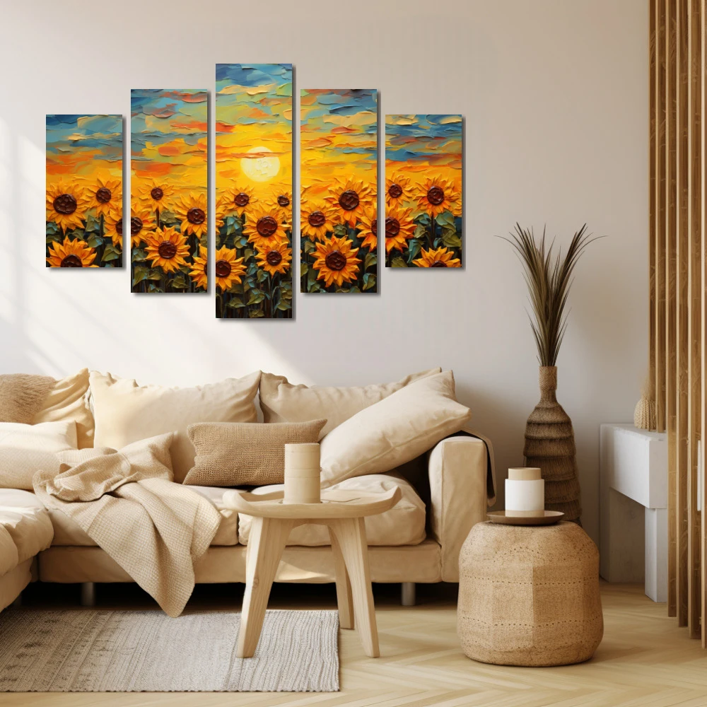 Cuadro amantes del sol en formato políptico con colores amarillo, azul, naranja; decorando pared beige