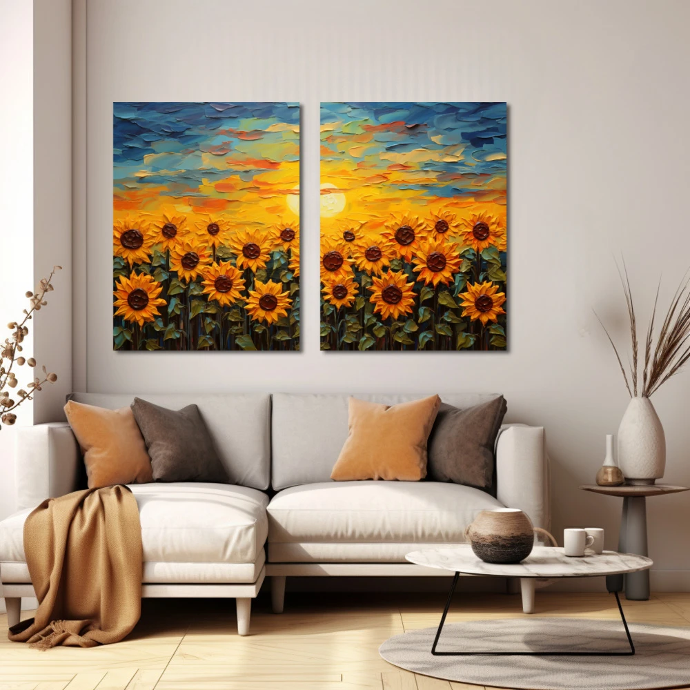 Cuadro amantes del sol en formato díptico con colores amarillo, azul, naranja; decorando pared blanca