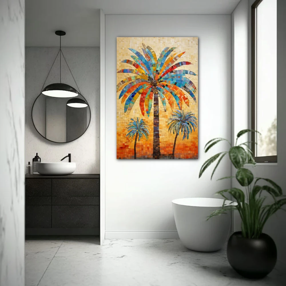 Cuadro trio tropical en formato vertical con colores azul, marrón, beige; decorando pared de baño