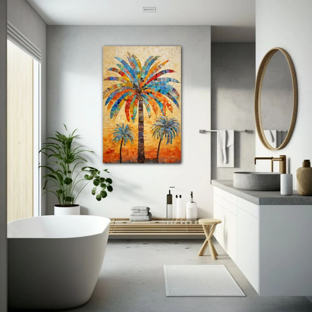 Cuadro trio tropical en formato vertical con colores azul, marrón, beige; decorando pared de baño