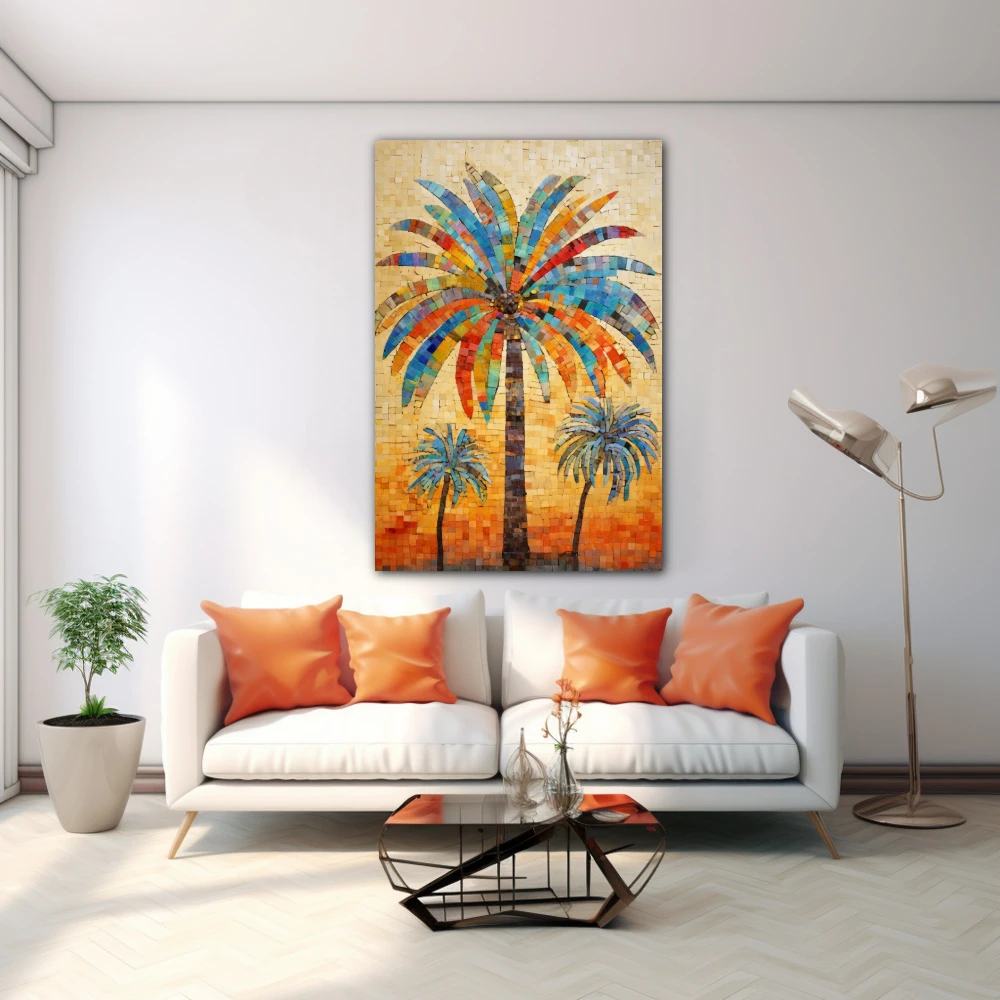 Cuadro trio tropical en formato vertical con colores azul, marrón, beige; decorando pared blanca