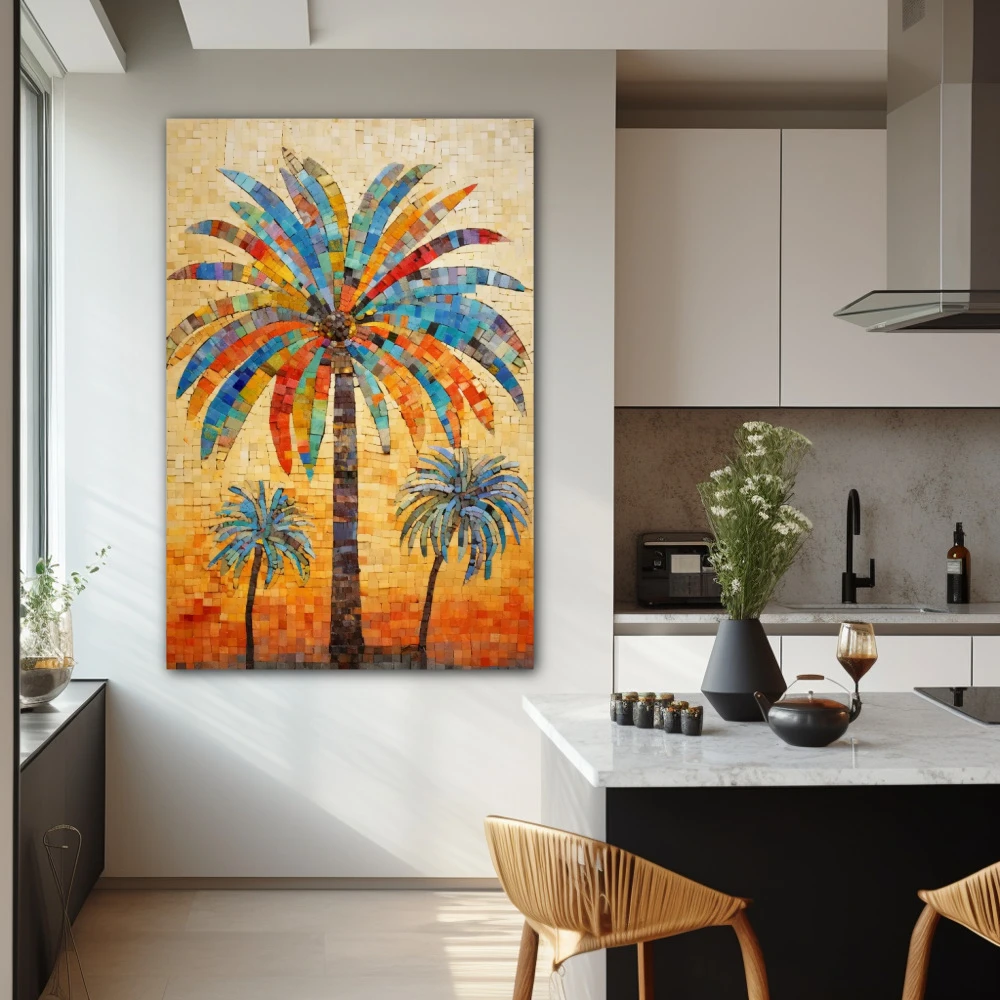 Cuadro trio tropical en formato vertical con colores azul, marrón, beige; decorando pared de cocina