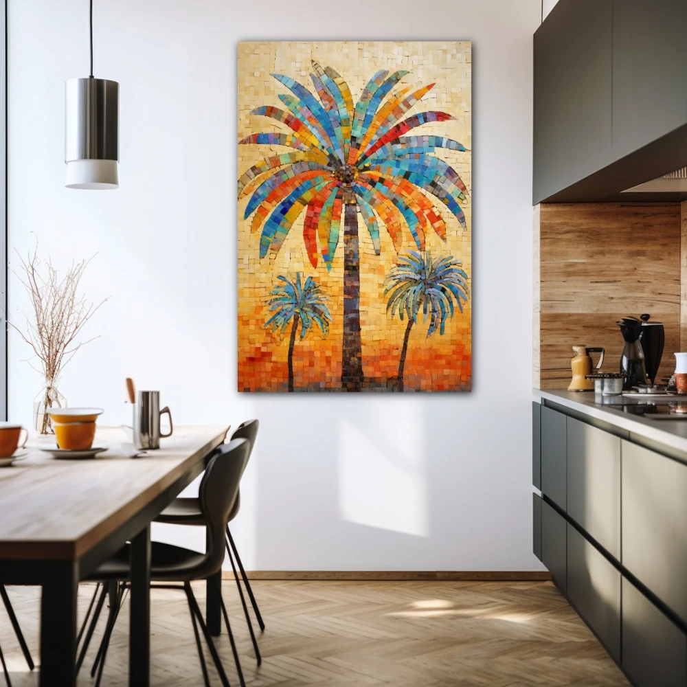 Cuadro trio tropical en formato vertical con colores azul, marrón, beige; decorando pared de cocina