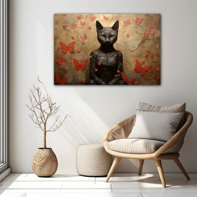 Cuadro la diosa bastet en formato horizontal con colores negro, rojo, rosa; decorando pared blanca Cuadro la diosa bastet en formato horizontal con colores negro, rojo, rosa; decorando pared blanca