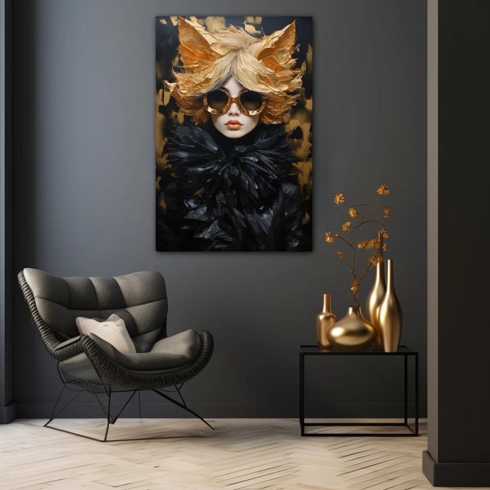 Cuadro destellos dorados de estilo en formato vertical con colores dorado, negro; decorando pared negra