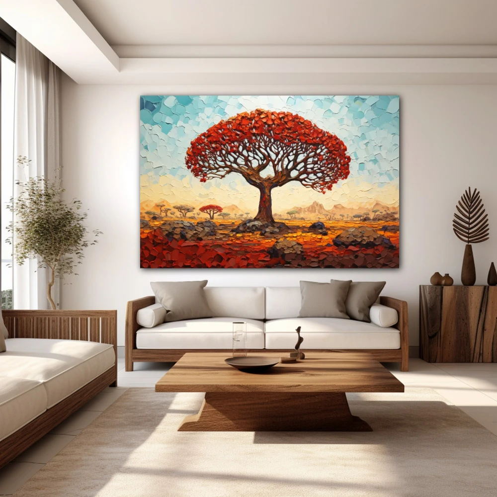Cuadro testigo del tiempo en formato horizontal con colores celeste, naranja, rojo; decorando pared blanca