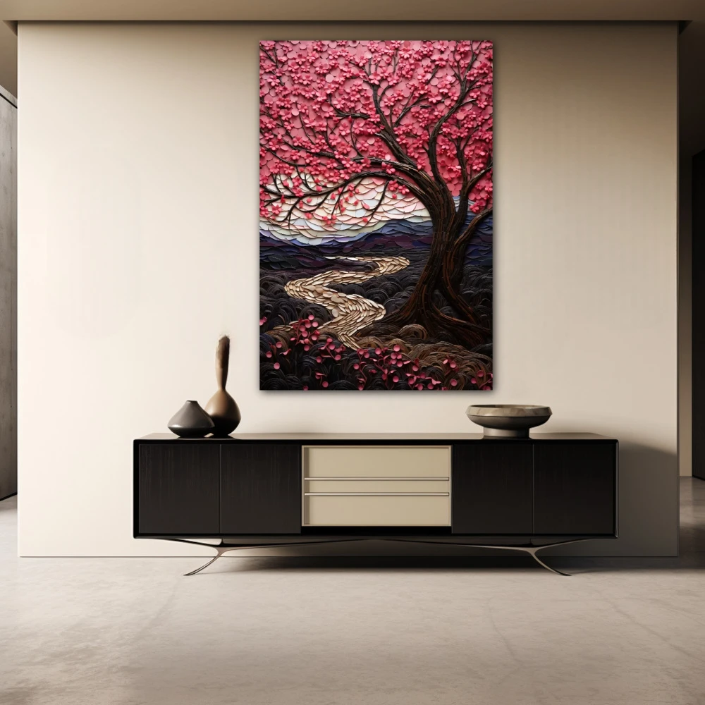 Wall Art titled: Spring in Bloom in a Vertical format with: Purple, Pink, and Pastel Colors; Decoration the Sideboard wall