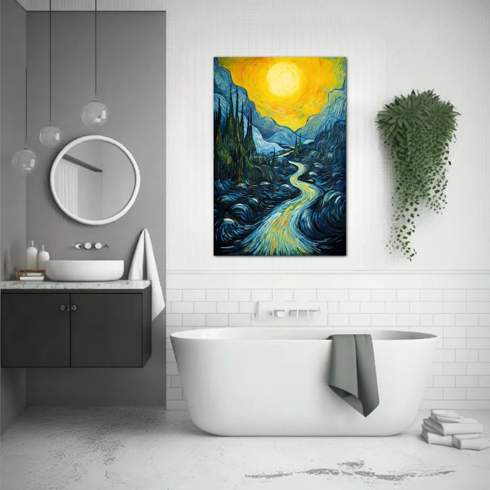 Cuadro la cascada v2 en formato vertical con colores amarillo, azul; decorando pared de baño