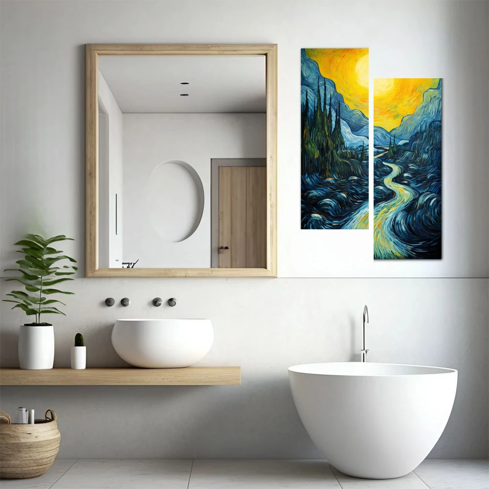 Cuadro la cascada v2 en formato díptico con colores amarillo, azul; decorando pared de baño